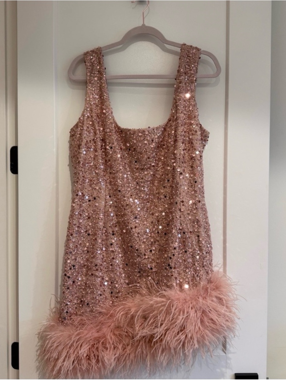 NADINE MERABI Rose Gold Sequin Feather Trim Midi Dress